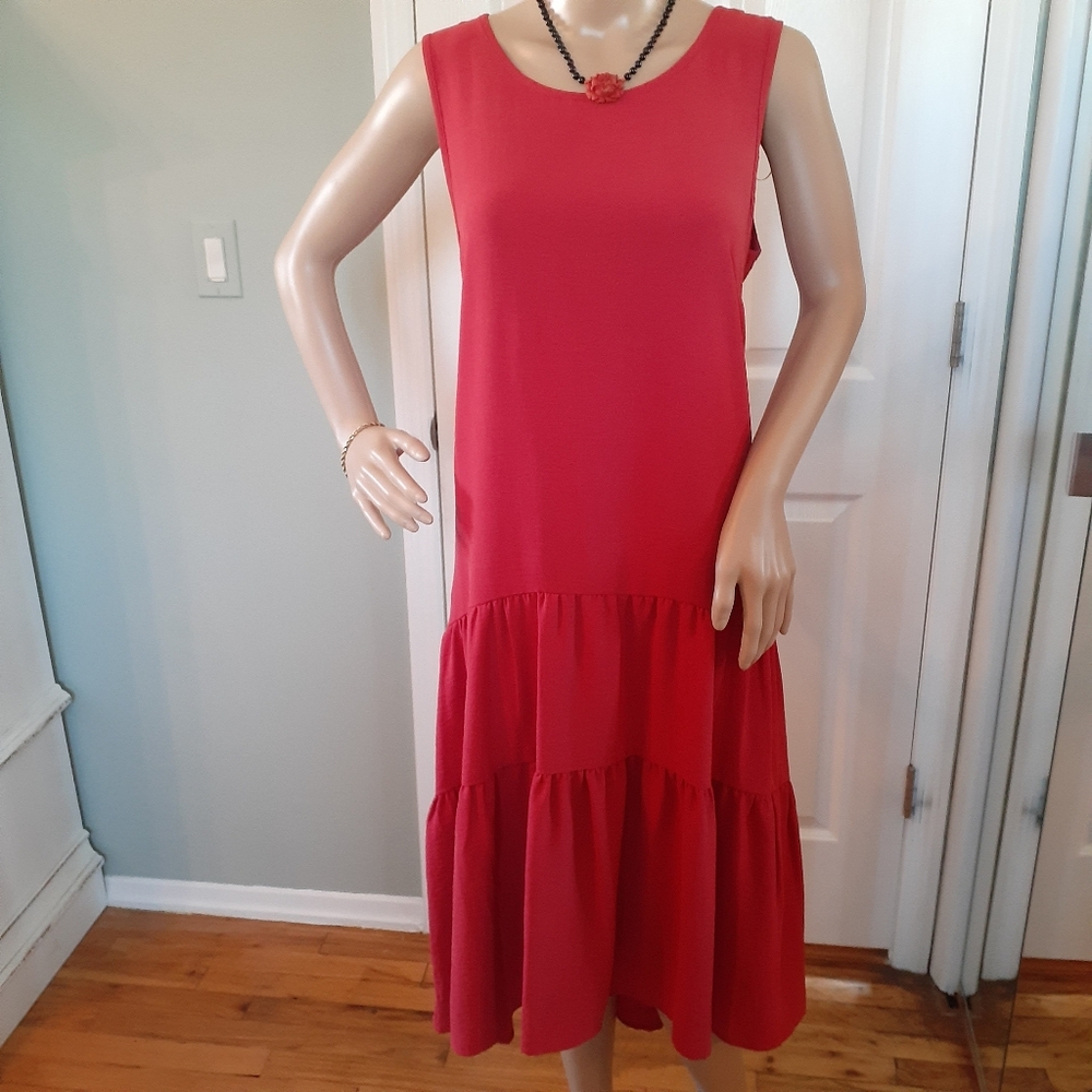 Nicole Miller M Red-orange Tiered Ruffled Boho Sleeveless Maxi Dress